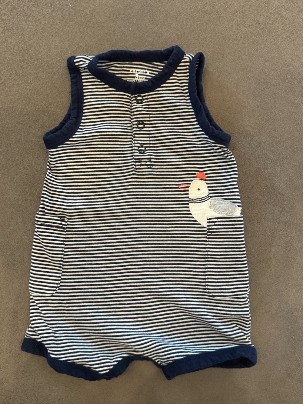 Navy Stripe Sleeveless Baby Romper with Seagull Applique